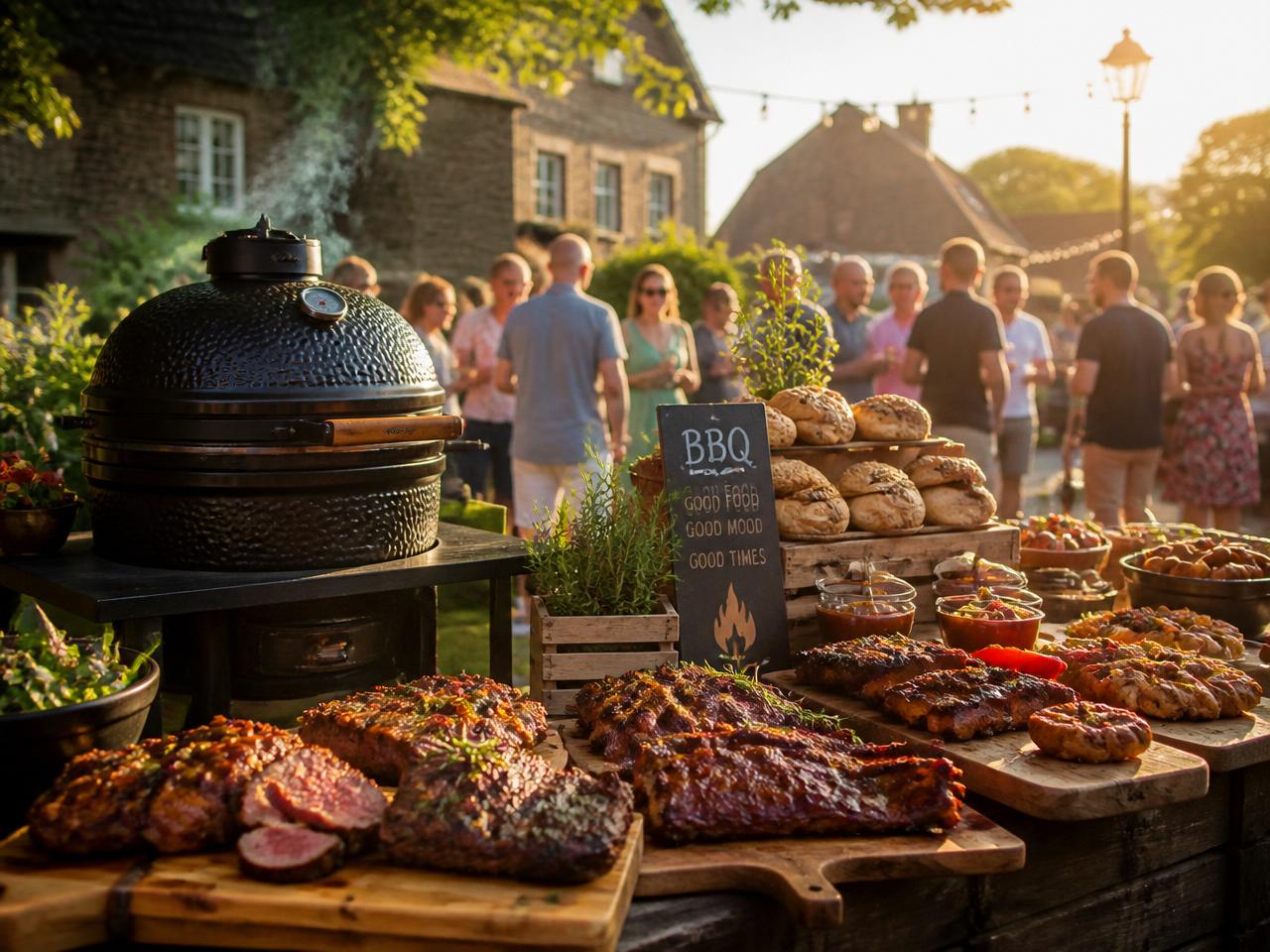 Spijs catering BBQ-opstelling met kamado op een feest