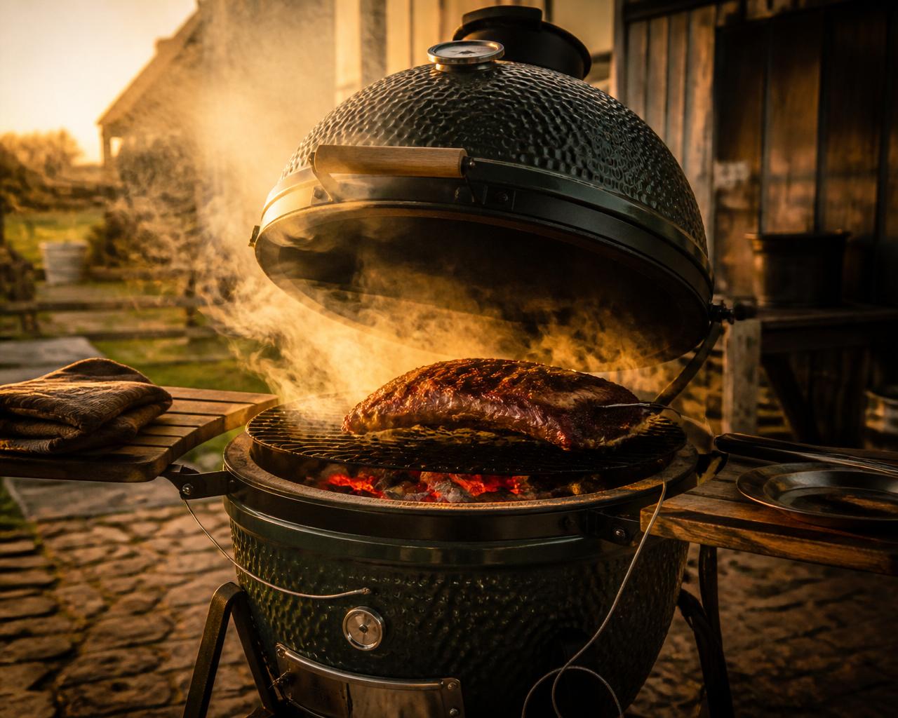 Kamado-barbecue in actie met opstijgende rook