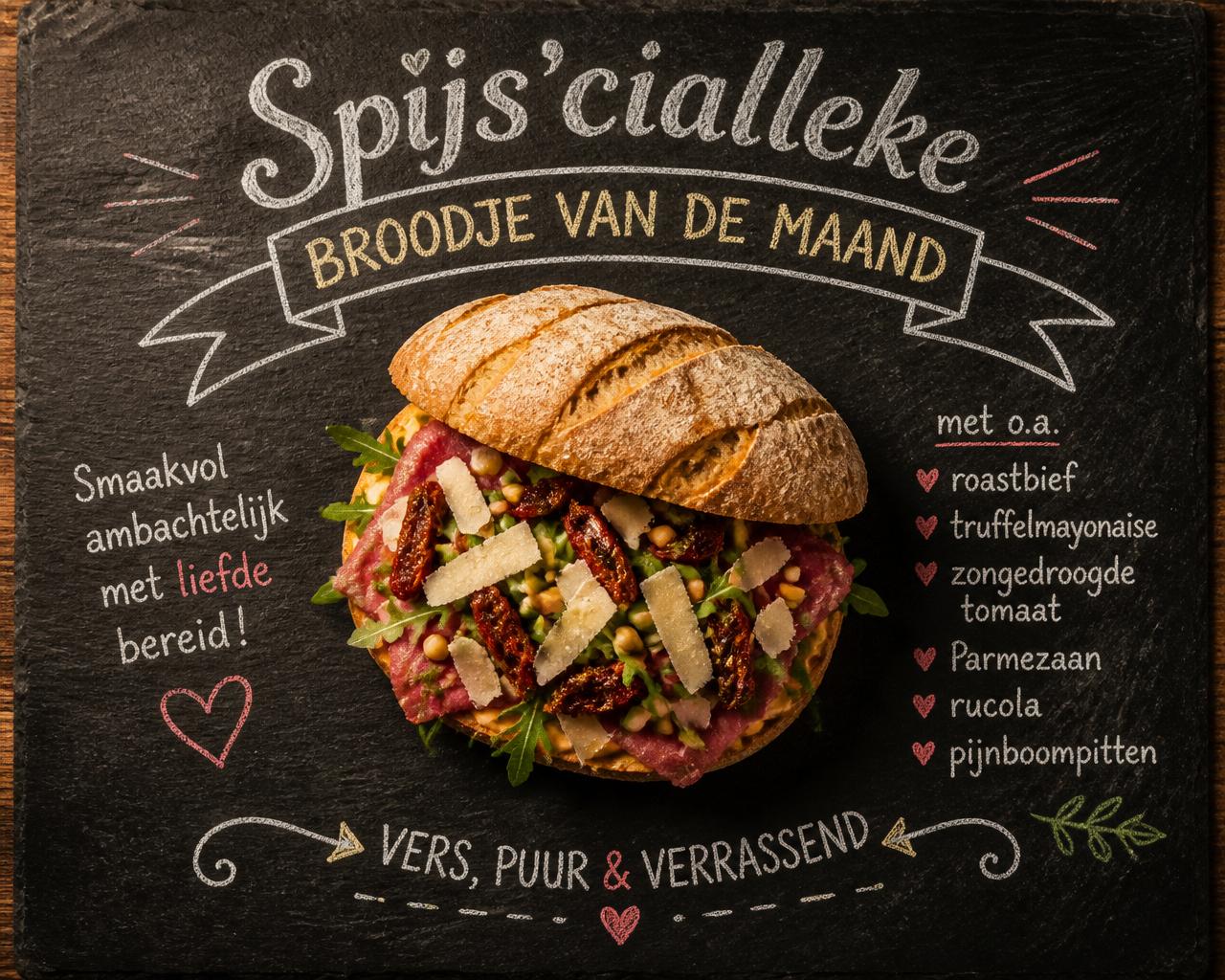 Spijs'cialleke — het broodje van de maand op een leistenen krijtbord