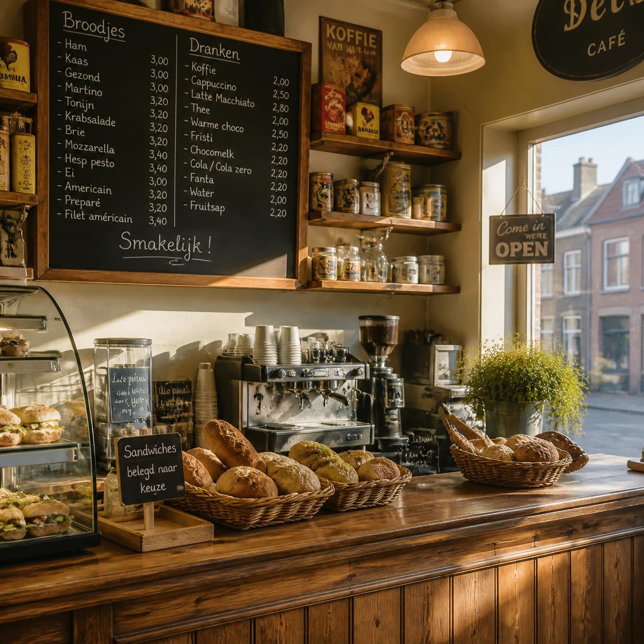 Toonbank van Spijs met vers brood en krijtbord-menu
